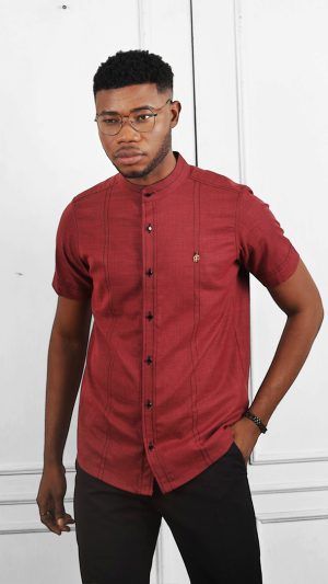 NAWA burgundy Linen Blend Short Sleeves Shirt | African Wear