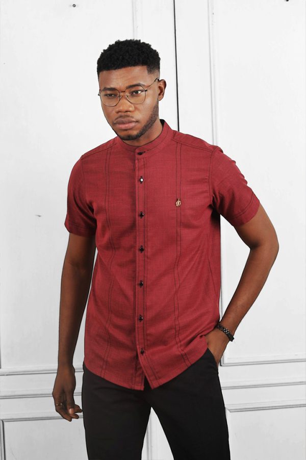 NAWA burgundy Linen Blend Short Sleeves Shirt | African Wear