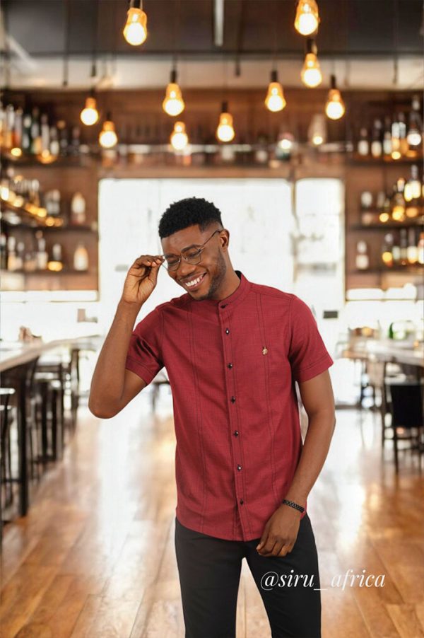 NAWA burgundy Linen Blend Short Sleeves Shirt | African Wear