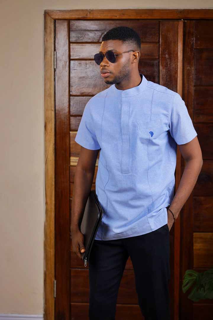 blue Short Sleeved Shirt | African Men's Wear
