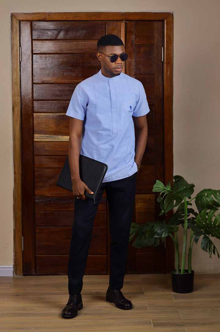 blue Short Sleeved Shirt | African Men's Wear